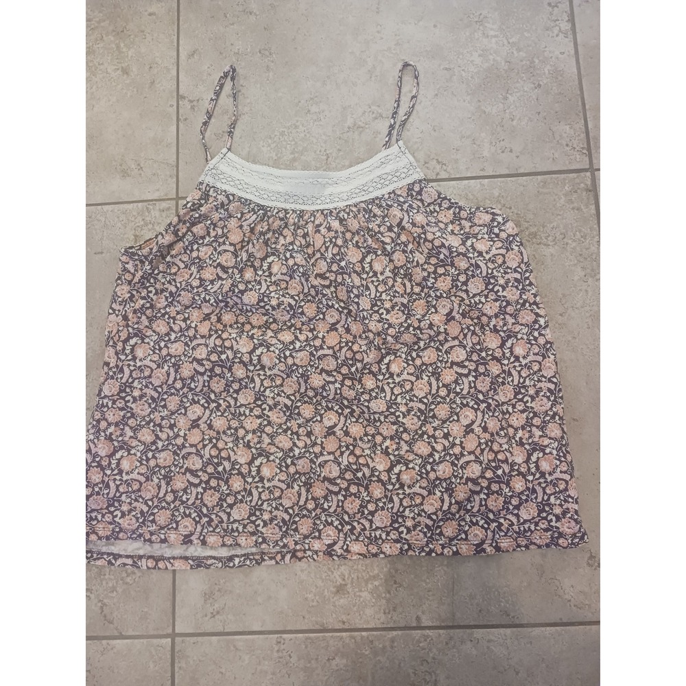 Lucky Brand Floral Lace Trim Cami Top Purple Pink Boho Sleeveless Medium